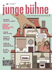 Heftcover, oben steht junge bühne, darunter die Illustration eines Puppenhauses (nach Nora oder Ein Puppenhaus von Henrik Ibsen). Links daneben aufgelistete Themen aus dem Heft